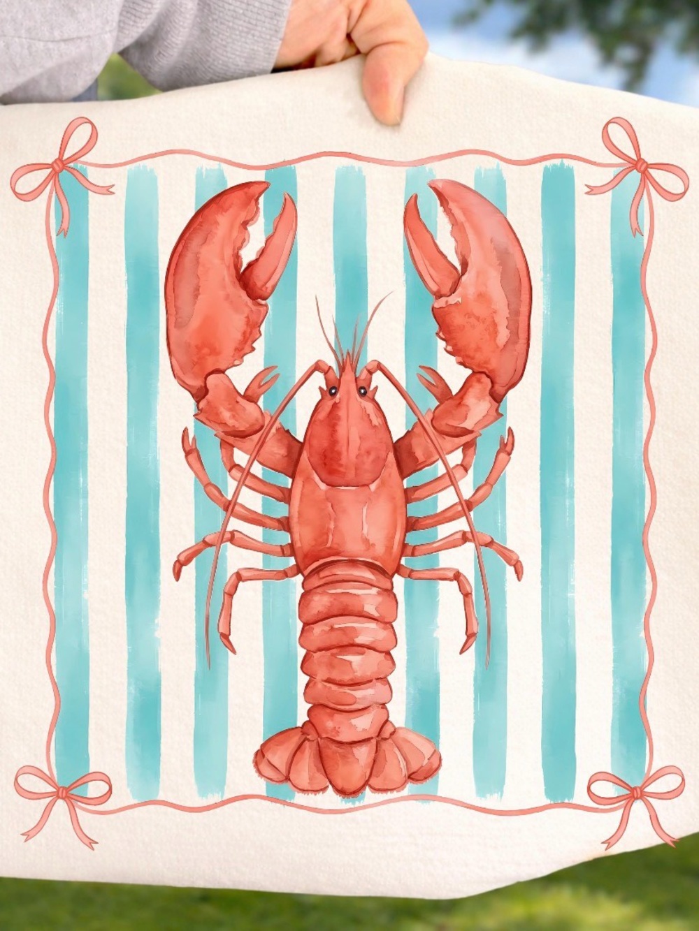Coastal Lobster Kitchen tshirt - Coral on Aqua Stripes